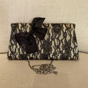 OKPTA Evening Crossbody Purse Black Lace Over Cream Satin with Black Bow